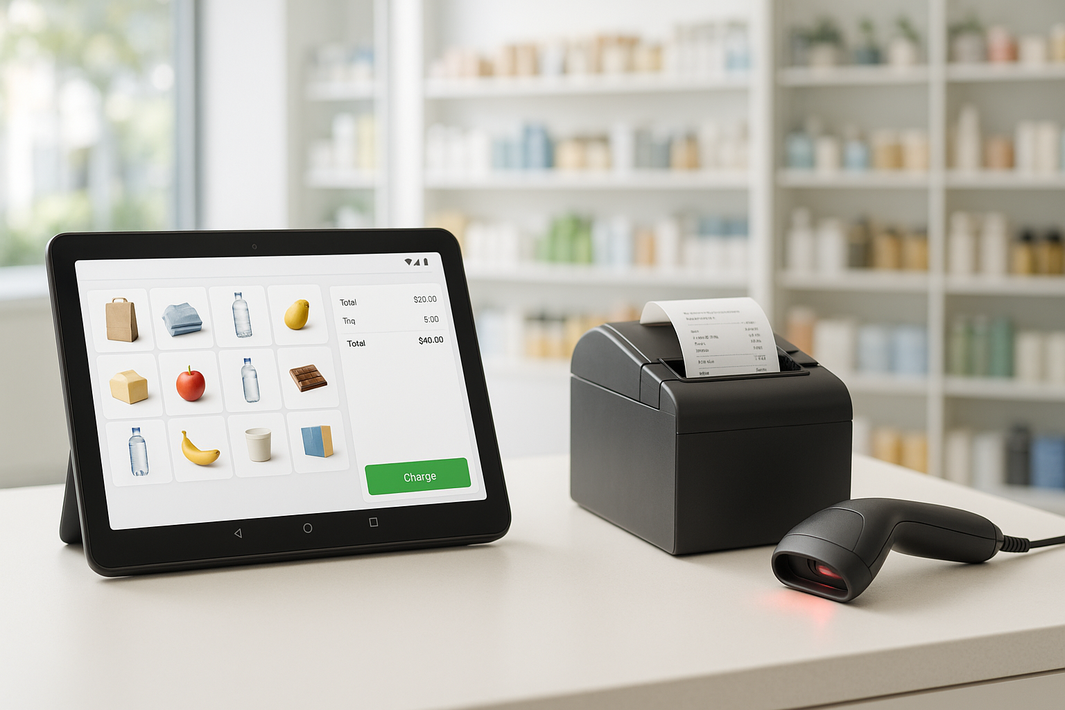 Moderne Kassensituation im Einzelhandel mit Android-Tablet, Bondrucker und Barcodescanner in hellem Verkaufsraum, Bestände werden digital synchronisiert