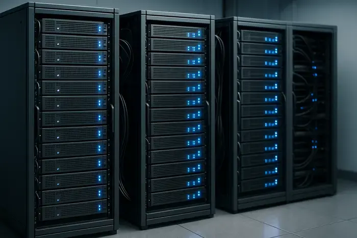 Moderner Serverraum mit Rack-Servern, LED-Anzeigen und professioneller Verkabelung