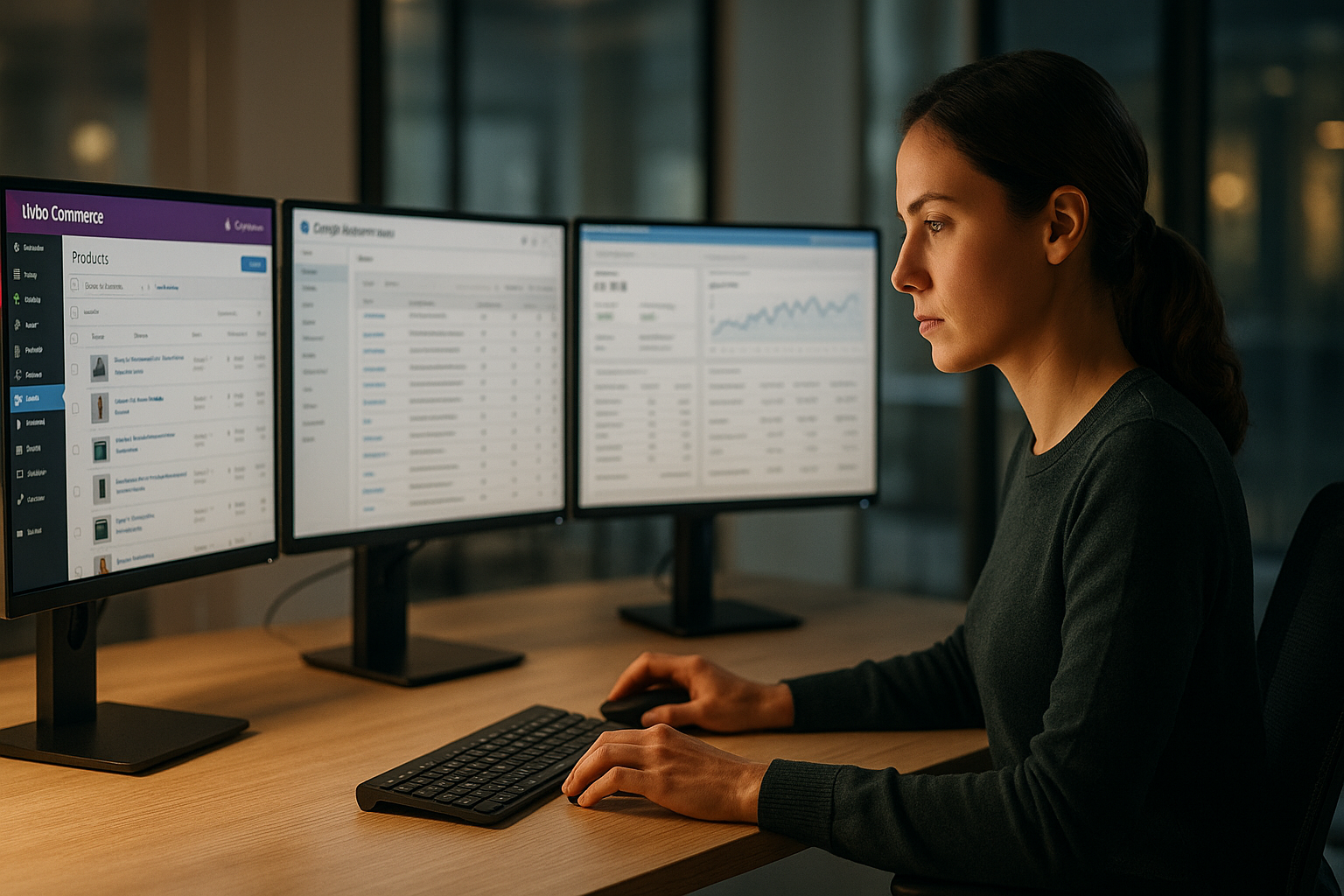 Moderner E-Commerce-Arbeitsplatz mit mehreren Computerbildschirmen zeigt WooCommerce-Shop-Dashboards, Google Merchant Center Feed-Verwaltung und Live-Performance-Analytics mit Datenvisualisierungen und Kampagnen-Metriken