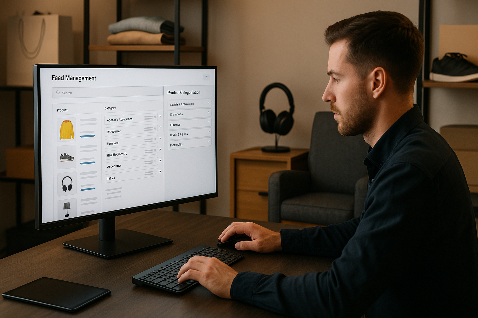 E-Commerce-Dashboard zeigt Produktkategorisierung, Feed-Mapping und Datenqualität im Google Merchant Center mit strukturiertem Kategorienbaum und Performance-Metriken.