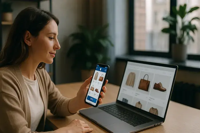 Mobiler Bildschirm zeigt E-Commerce-Shop mit verschiedenen App-Entwicklungsoptionen, Digital Manager betrachtet konzentriert Display, modernes Büro mit digitalen Geräten, blau-grüne Farbgebung