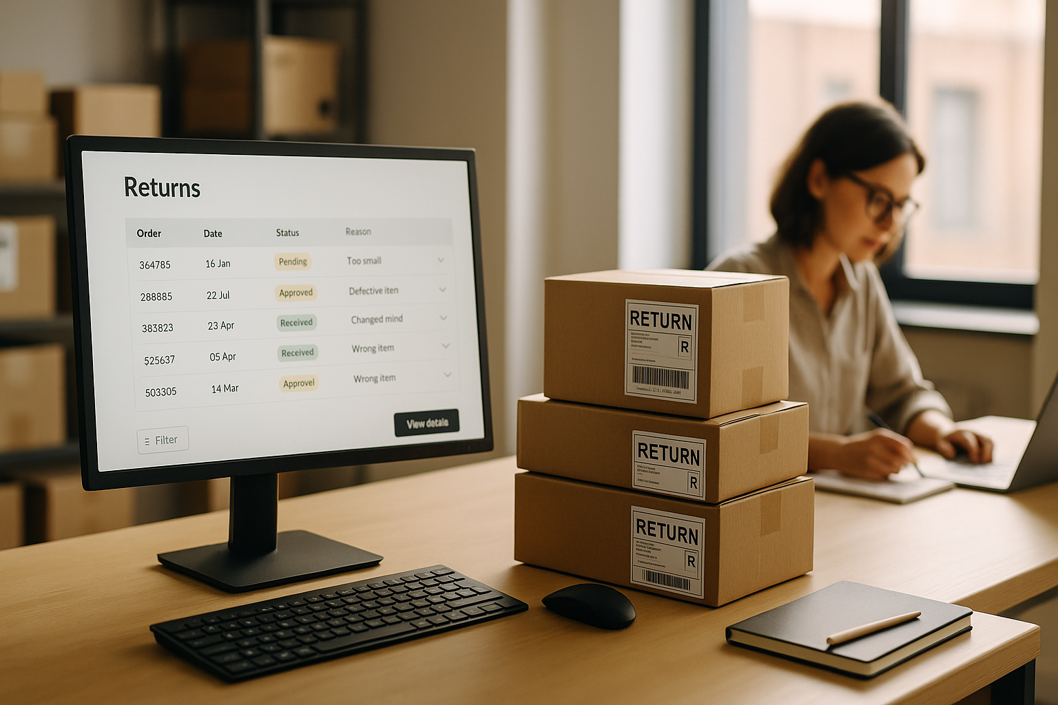 Modernes Büro mit Computer-Bildschirm, auf dem ein übersichtliches Retourenportal zu sehen ist, daneben Versandkartons und Etiketten, professionelle Arbeitsatmosphäre mit natürlichem Licht