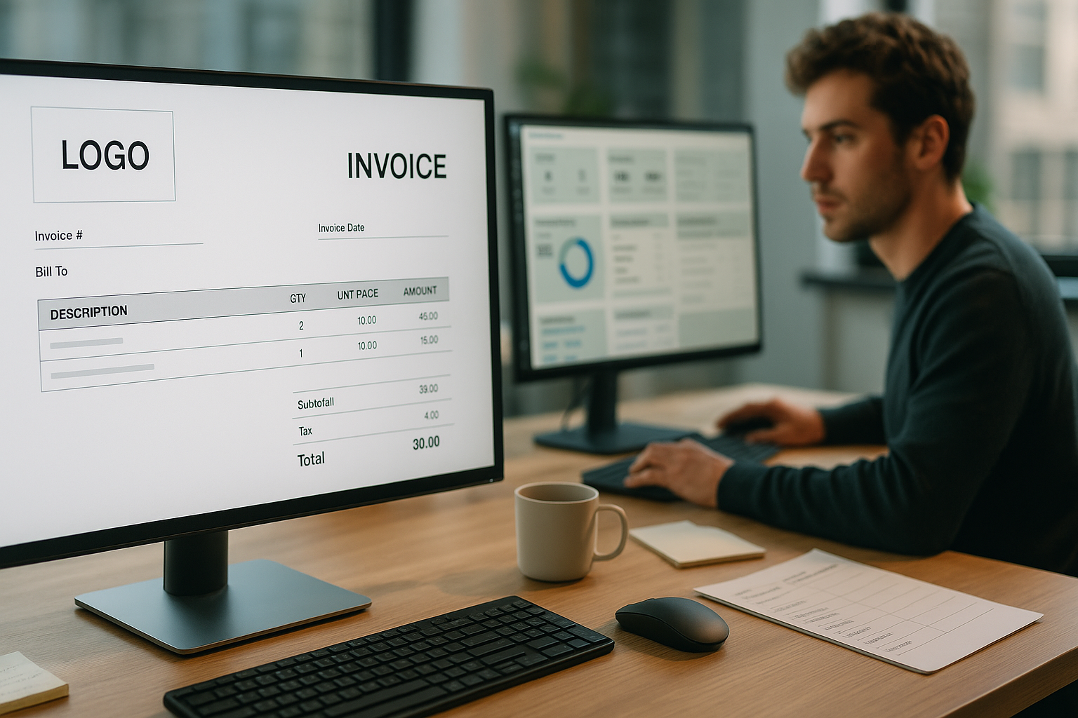 Professionell gestaltete JTL Rechnungsvorlage auf Monitor in modernem E-Commerce-Büro mit Warenwirtschaftssystem im Hintergrund und konzentrierter Person am Schreibtisch