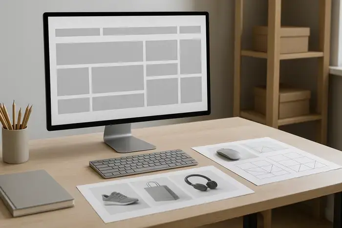 Arbeitsplatz zur Planung eines modularen Rasterlayouts für einen Onlineshop