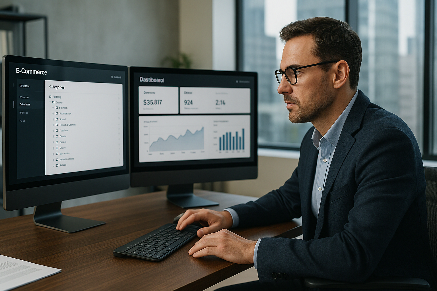 Geschäftsführer analysiert E-Commerce-Struktur auf mehreren Monitoren mit Kategorielogik, Indexierungsstrategie und Umsatz-Daten