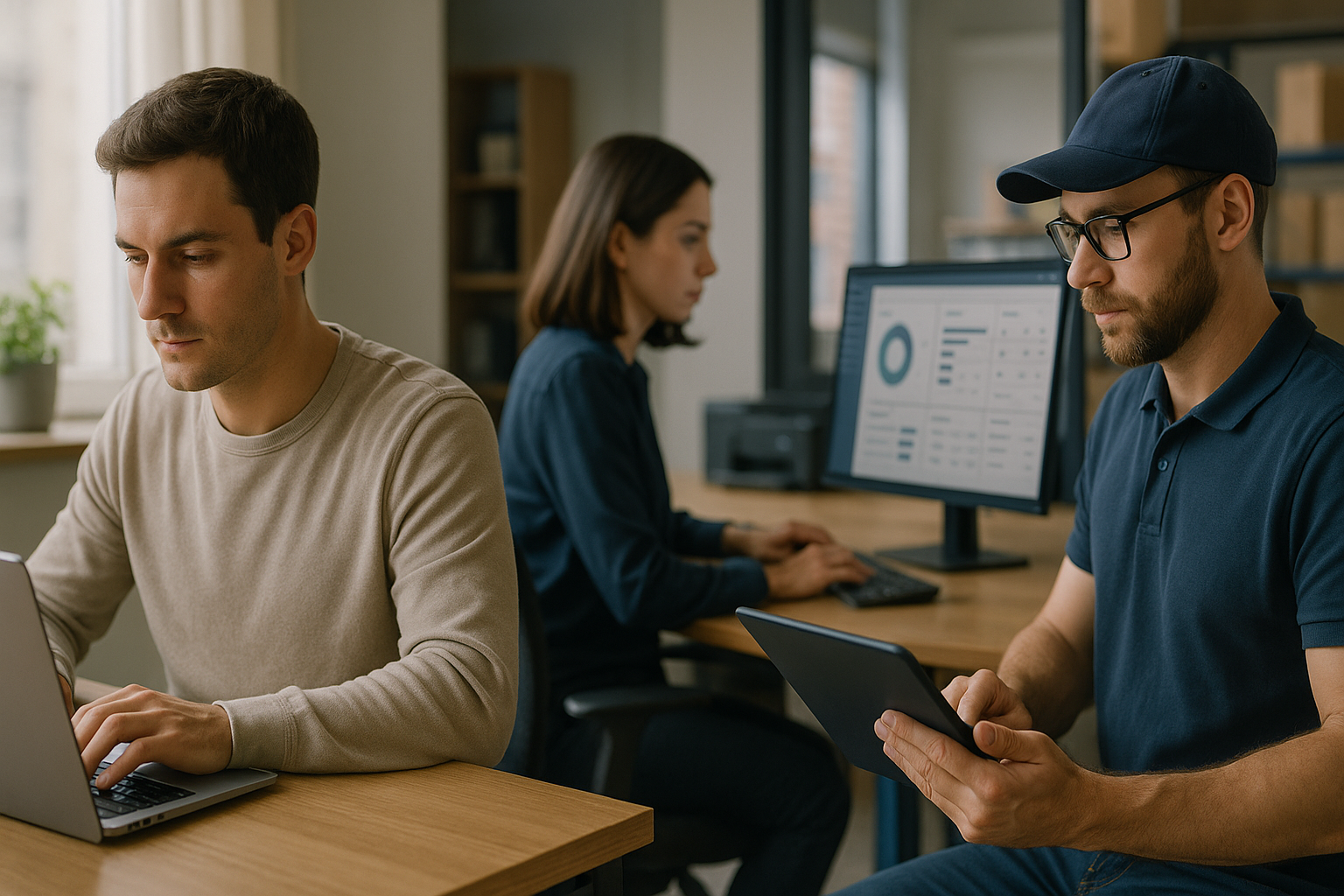 Moderne Büroumgebung mit mehreren Mitarbeitern, die an verschiedenen Standorten per Laptop und Tablet auf ein zentrales Warenwirtschaftssystem zugreifen, professionelle Atmosphäre mit natürlicher Beleuchtung und klarer Sicht auf Bildschirme mit Dashboards und Bestandsdaten