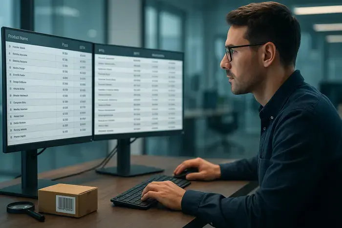 E-Commerce-Manager analysiert Produktfeed-Daten mit GTIN-Spalten auf mehreren Monitoren, Produktverpackung mit Barcode und Lupe auf dem Schreibtisch sichtbar