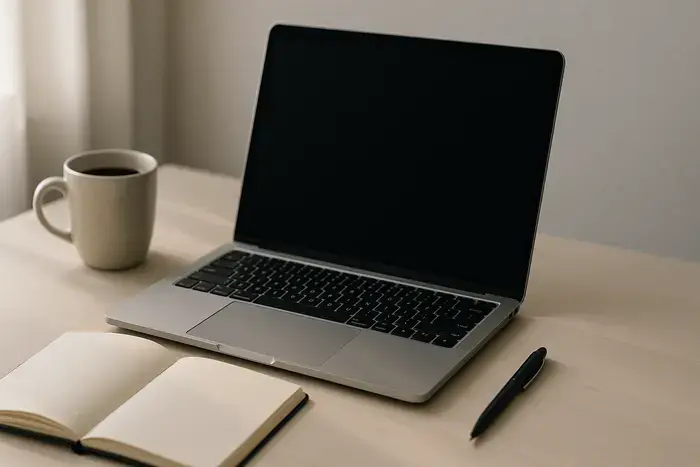 Laptop und Notizbuch auf hellem Schreibtisch mit Kaffeebecher, Büroumgebung mit natürlichem Licht