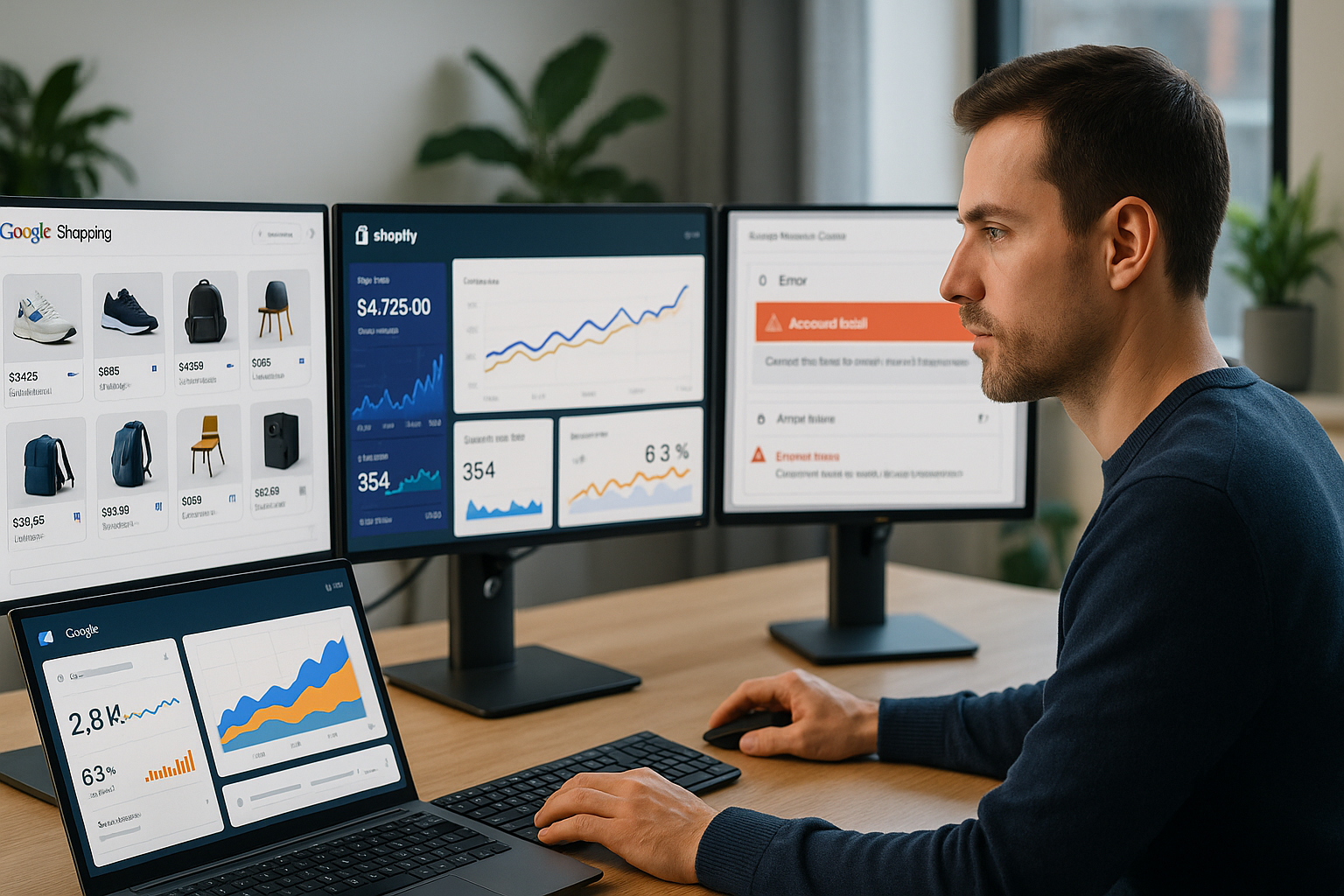 Shopify-Dashboard mit Google Shopping-Kampagnenmanagement, Produktkatalog und Performance-Metriken auf mehreren Monitoren in professionellem Arbeitsumfeld.