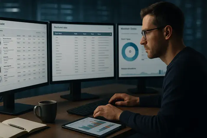E-Commerce-Manager analysiert konzentriert Produktdaten auf modernem Schreibtisch mit mehreren Monitoren und Merchant-Center-Diagnosen.