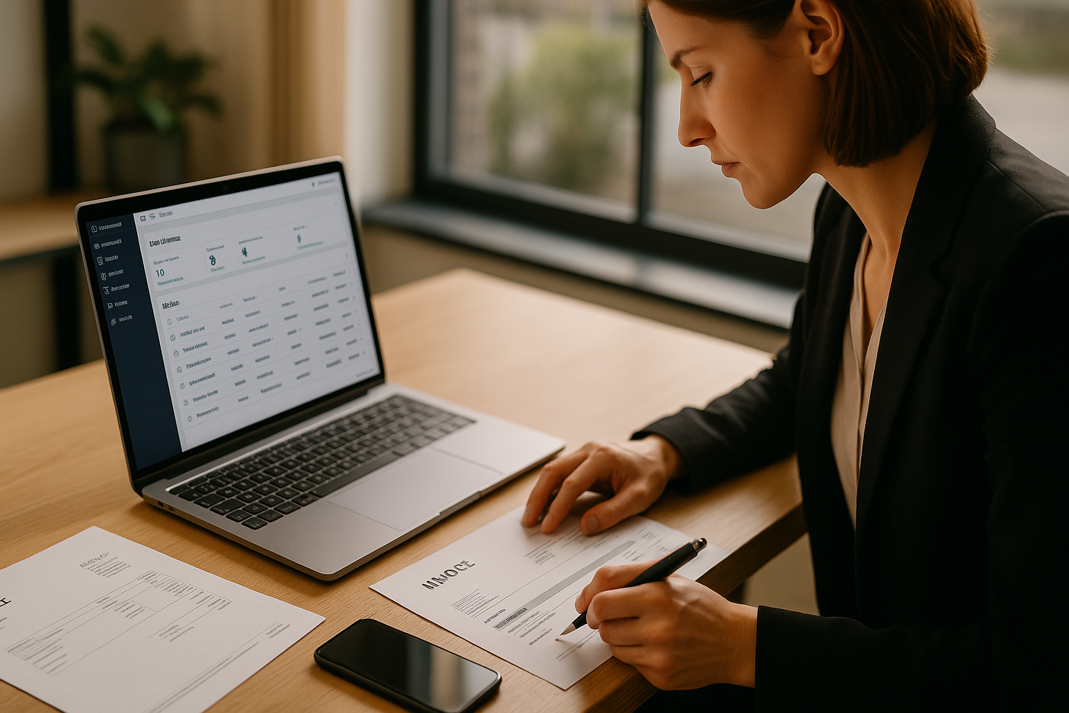 Moderne Büroumgebung mit Laptop und Dokumenten zur Proforma-Rechnung, Person arbeitet konzentriert an der digitalen Warenwirtschaft, aufgeräumter Schreibtisch mit Papier und Stift, natürliches Licht durch Fenster, professionelle Atmosphäre, hohe Bildtiefe und klare Komposition