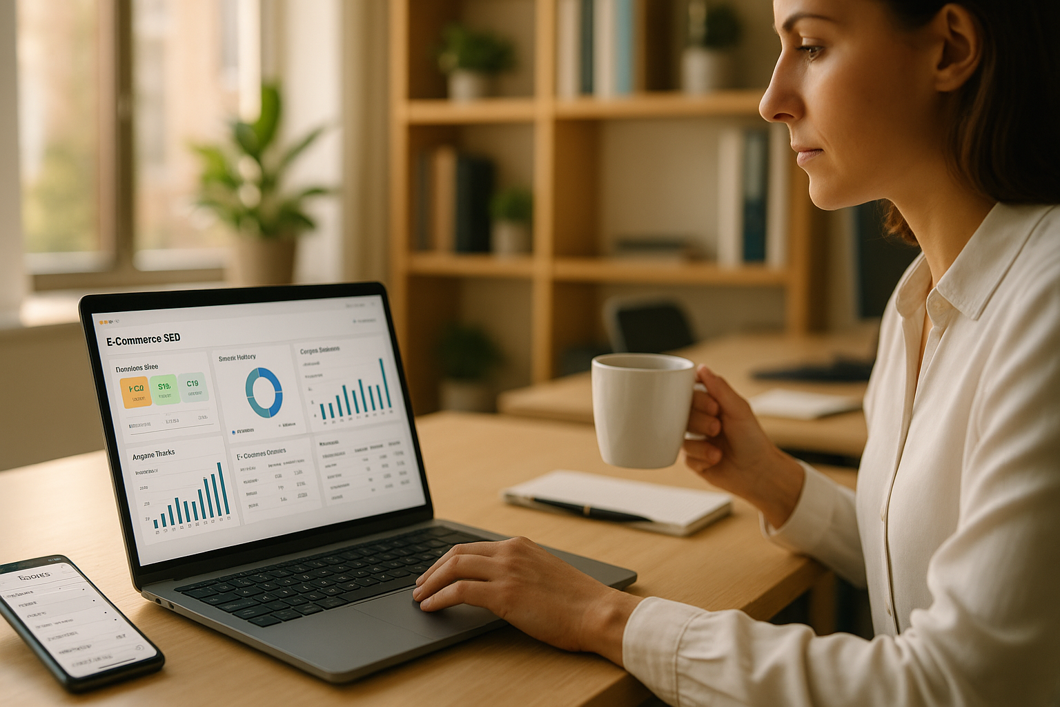 Modernes E-Commerce-Büro mit hellem Schreibtisch und Laptop, auf dem ein Dashboard mit Performance-Metriken, Core Web Vitals, strukturierten Daten und Kategorie-Übersichten zu sehen ist, daneben Smartphone mit mobiler Shop-Ansicht, Person in Business-Casual-Kleidung analysiert konzentriert den Bildschirm mit Kaffeetasse in der Hand, große Fenster mit natürlichem Tageslicht, Bücherregale und grüne Pflanzen im Hintergrund, warme Beleuchtung mit weichen Schatten, professionelle Arbeitsatmosphäre