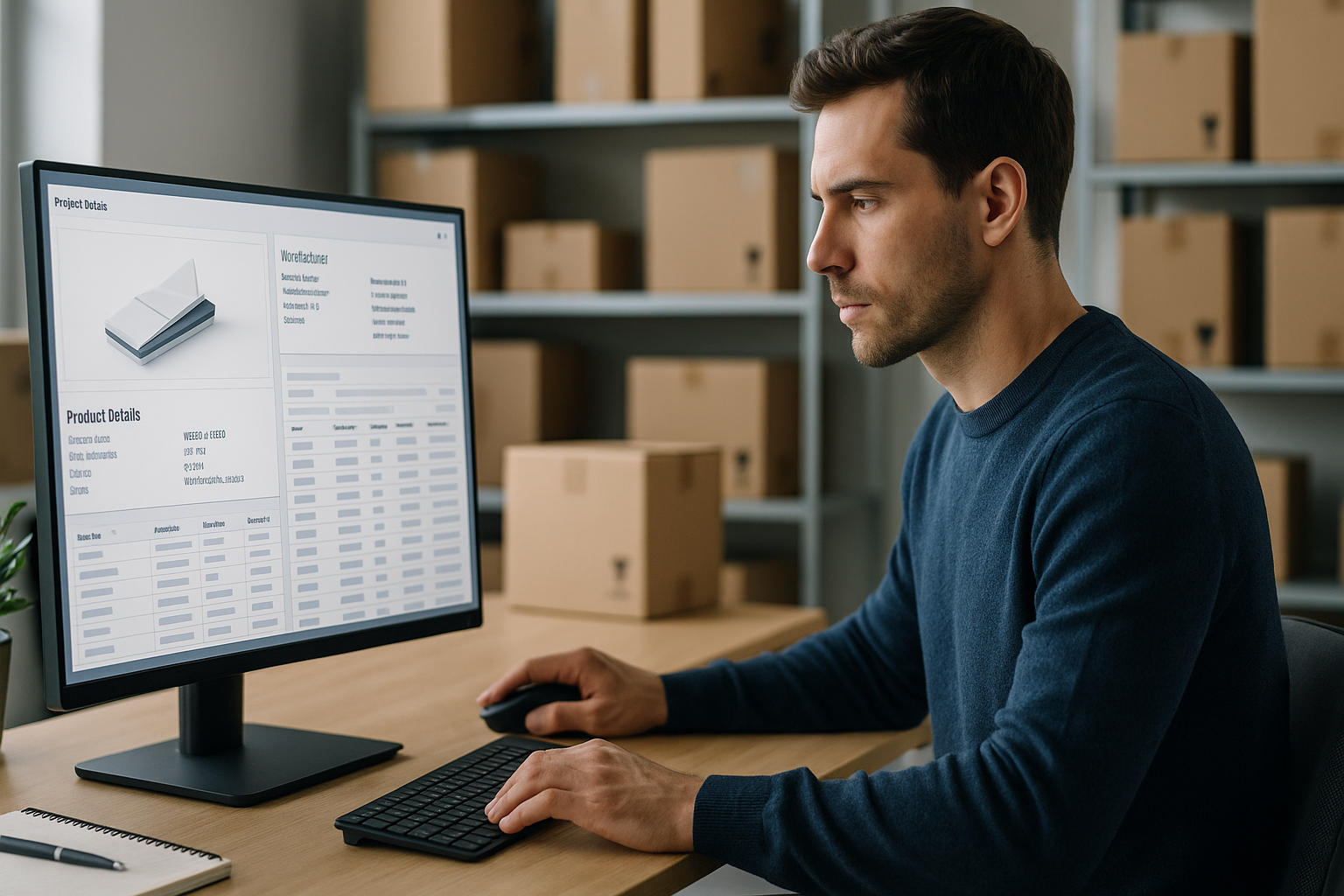 Online-Händler arbeitet an einem modernen Desktop-Computer im Büro, auf dem Bildschirm sind Produktdaten und Herstellerangaben in einer JTL-Oberfläche zu sehen, helle professionelle Atmosphäre mit strukturierter Arbeitsumgebung