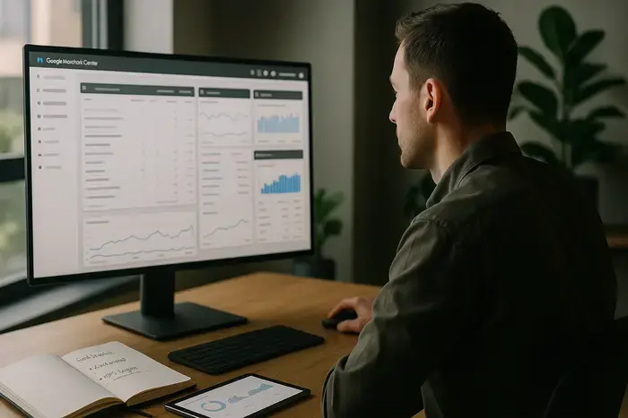 Person optimiert Google Shopping Feed mit Monitor, Merchant Center Dashboard, KPI-Notizen und Analytics am Schreibtisch