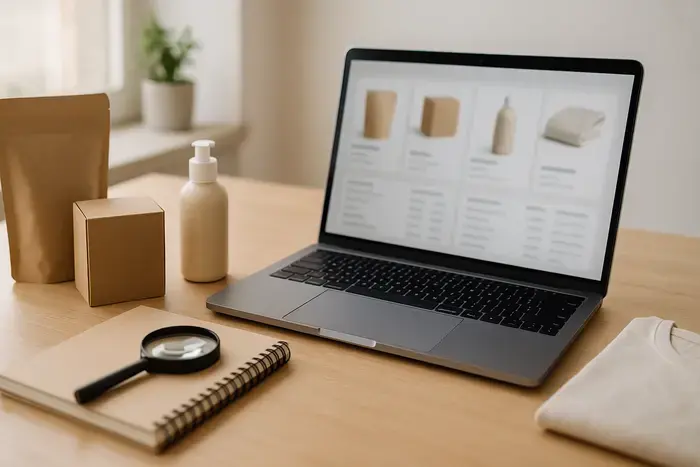 Arbeitsplatz mit neutralen Handelsprodukten und Produktdaten für strukturierte Shopdaten