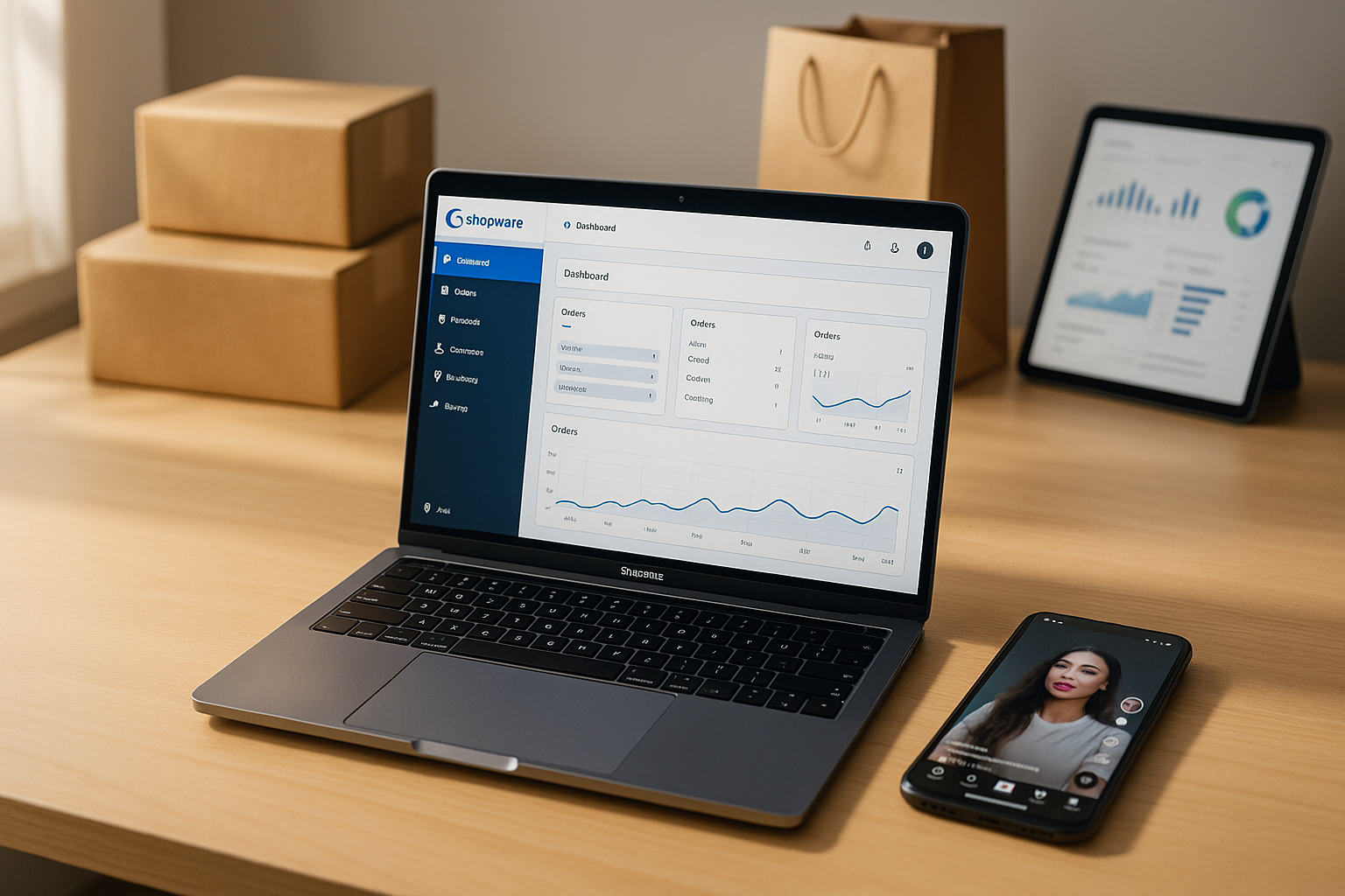 Moderne E-Commerce-Arbeitsumgebung mit Laptop und Smartphone, die Shopware-Backend und TikTok-App zeigen, umgeben von Produktverpackungen und Versandmaterialien in hellem, professionellem Tageslicht