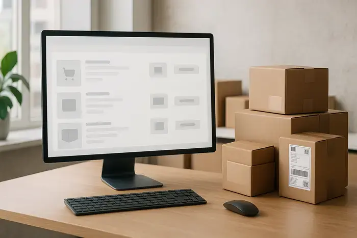 E-Commerce-Arbeitsplatz mit neutraler Warenkorb- und Versandplanung