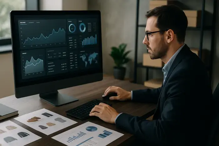 E-Commerce-Arbeitsplatz mit Analytics-Dashboard, Geschäftsperson analysiert Shopping-Reports, Kennzahlen, Metriken und Performance-Daten