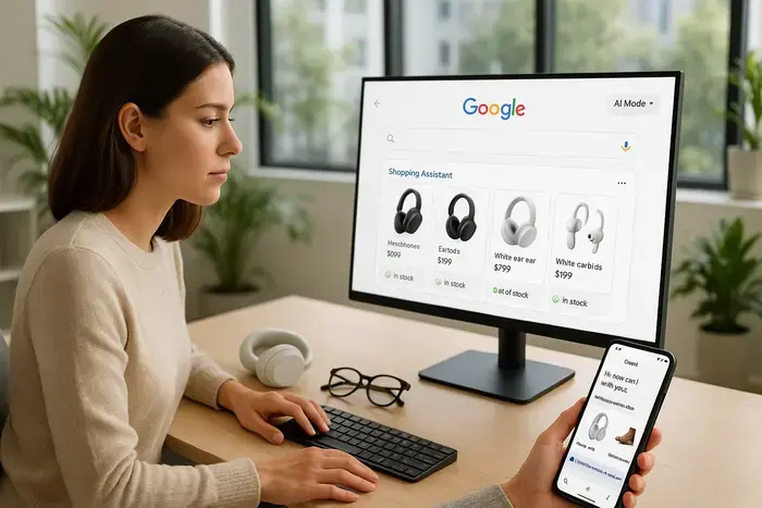 Nutzer sitzt auf Sofa und interagiert mit AI-Shopping-Interface auf Tablet, Chat-Dialog zeigt Produktempfehlungen und Checkout-Optionen.
