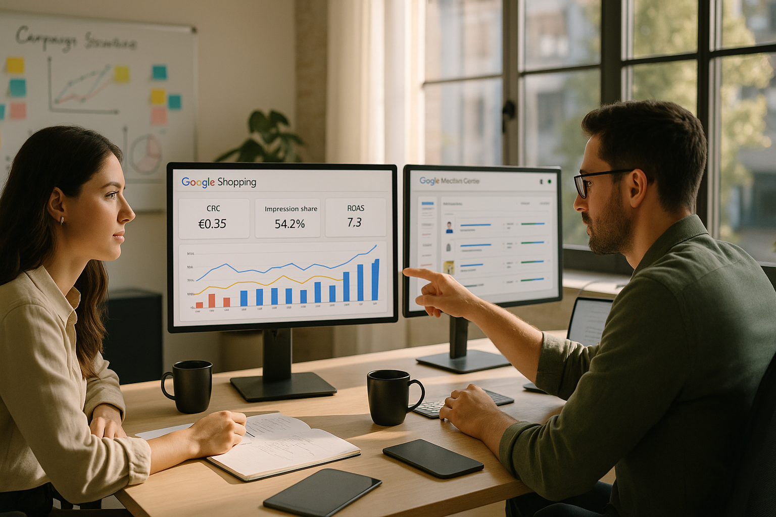 Modernes E-Commerce-Büro mit zwei Mitarbeitern vor mehreren Monitoren, die Google Shopping Dashboards mit Diagrammen, CPCs und Auktionsdaten zeigen, helle Tageslichtatmosphäre, aufgeräumter Schreibtisch mit Notizblock und Kaffeetassen, im Hintergrund Whiteboard mit Kampagnenstruktur und KPIs, professionelle Arbeitsumgebung