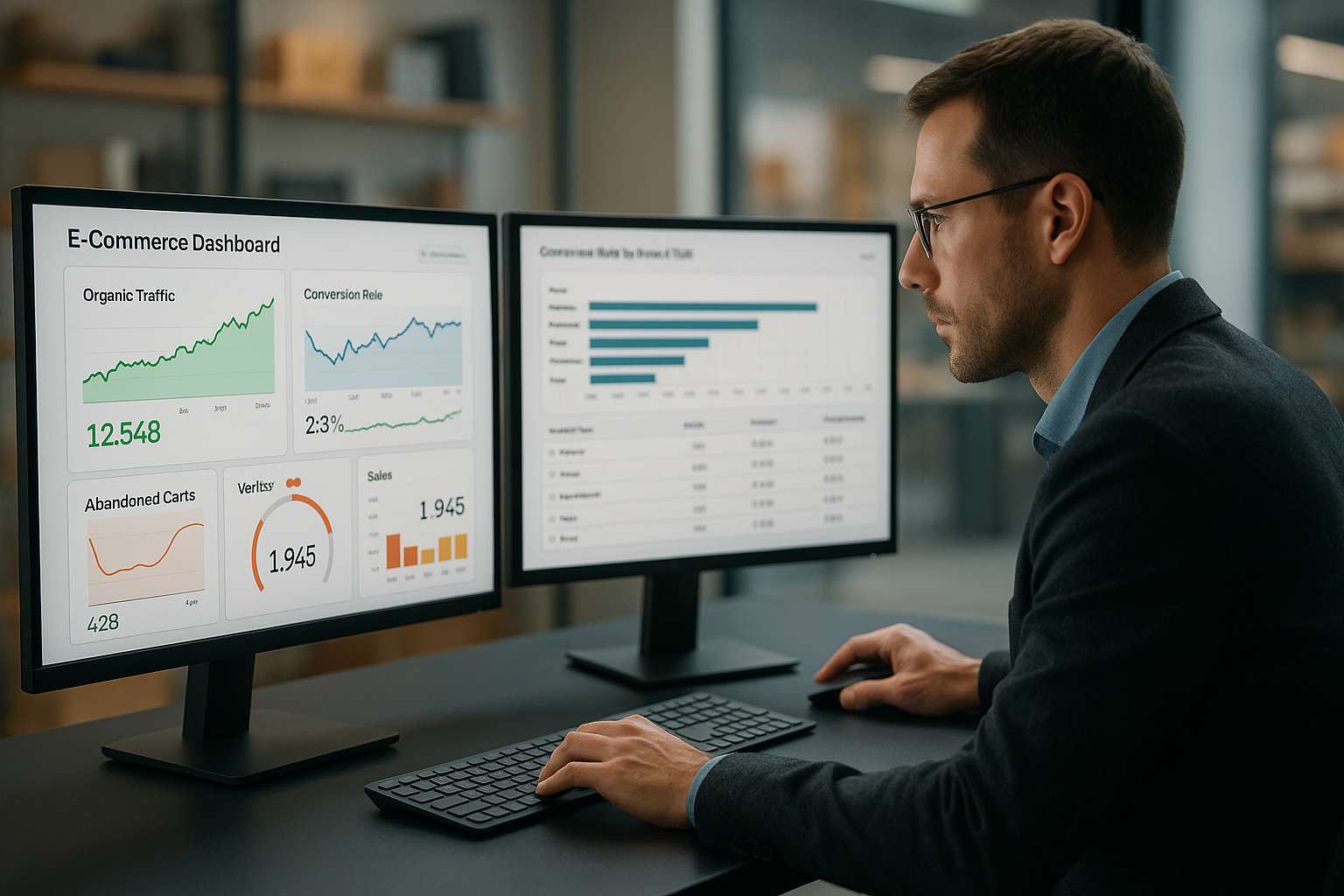 Monitor zeigt E-Commerce-Dashboard mit Conversion-Metriken, organischem Traffic-Verlauf und Echtzeit-Verkaufsdaten für Online-Shop-Analyse