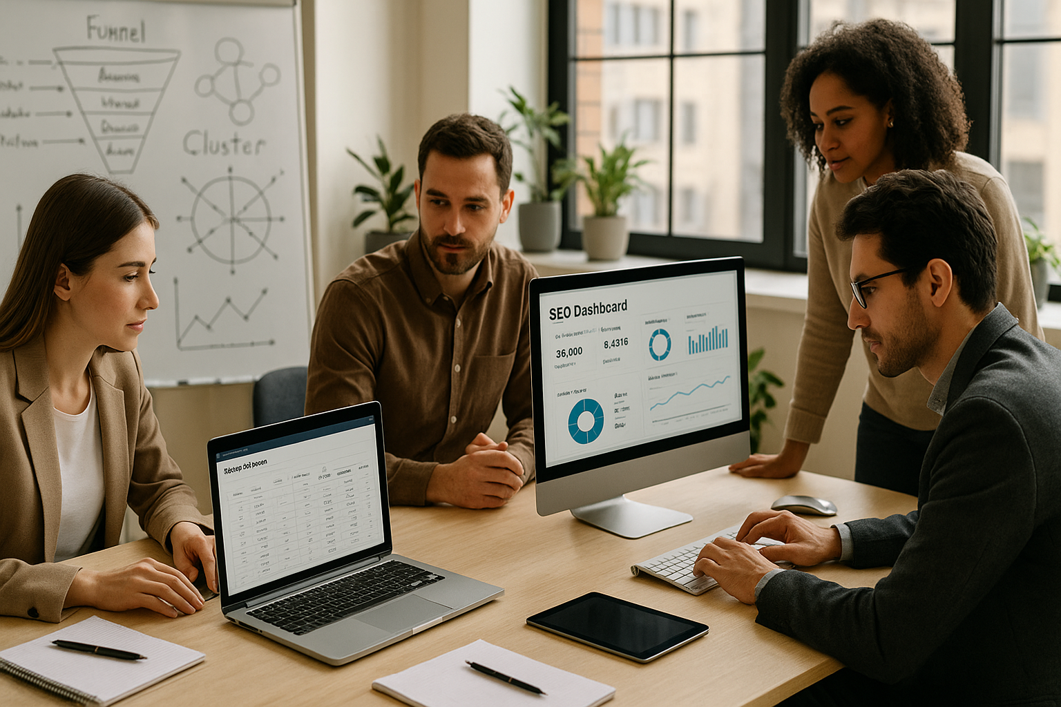 Professionelles Marketing-Team in modernem Büro analysiert SEO-Strategie auf mehreren Bildschirmen mit Datenvisualisierungen, Diagrammen und Keyword-Clustern für B2B-E-Commerce-Optimierung