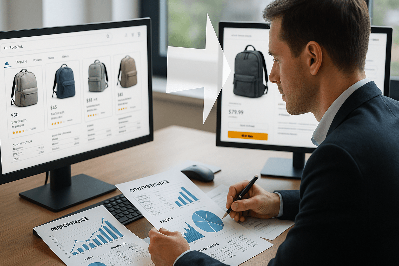 E-Commerce-Manager analysiert Performance-Daten von Google Shopping und Amazon Ads auf mehreren Bildschirmen mit Fokus auf Deckungsbeitrag und ROI-Vergleich