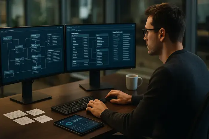 IT-Fachkraft arbeitet konzentriert an mehreren modernen Monitoren in professioneller Büroumgebung mit sichtbaren Datenflüssen, technischen Diagrammen und Produktdaten-Mappings zur Veranschaulichung von Datenkonsistenz und Systemintegration
