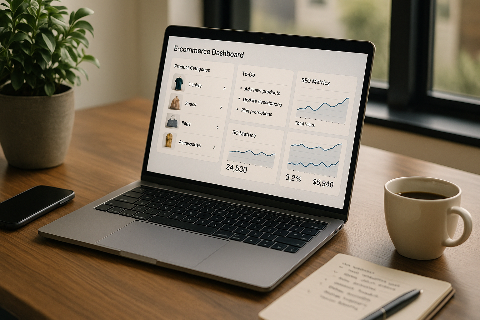 Moderner Arbeitsplatz mit Laptop und E-Commerce Dashboard, auf dem Produktkategorien, Textmodule und SEO-Metriken sichtbar sind, professionelle Atmosphäre mit natürlichem Licht und aufgeräumtem Schreibtisch