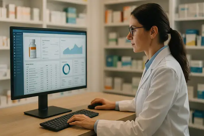 Apothekerin vor modernem Computer-Monitor mit integriertem Shop-Dashboard, Produktdatenverwaltung, Bestandskontrolle und Performance-Metriken, Medikamentenpackungen und Lagerbestände im Hintergrund
