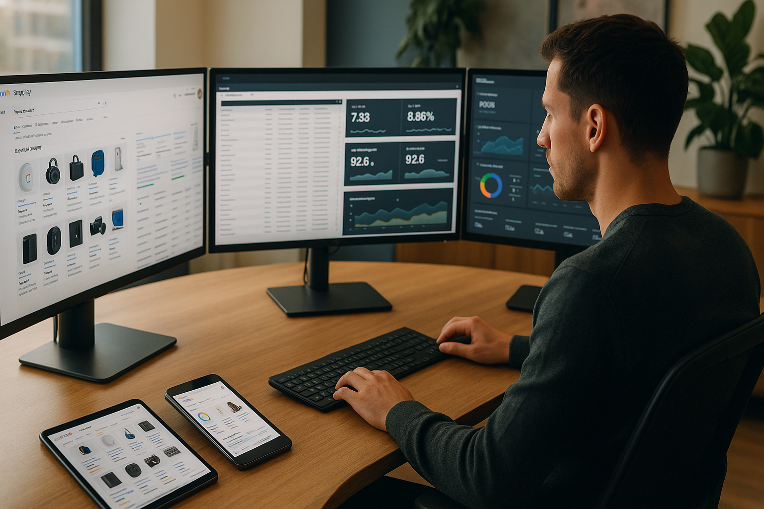 Professioneller E-Commerce-Arbeitsplatz mit mehreren Monitoren, die Google Shopping-Analysen, Produktfeeds und Performance-Dashboards zeigen, während eine Person konzentriert Optimierungen durchführt in modernem Büroambiente mit natürlichem Tageslicht