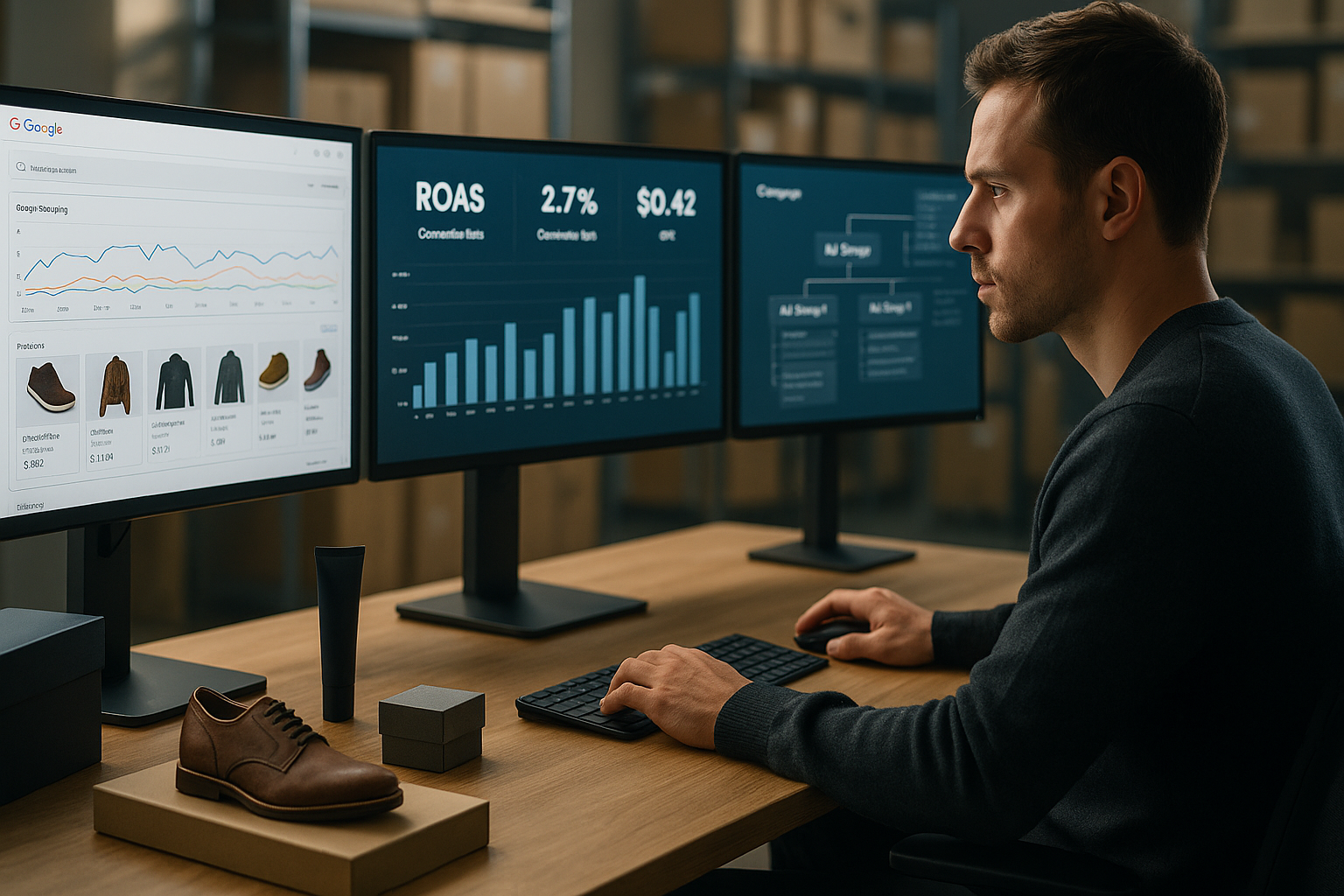 Moderner Arbeitsplatz mit mehreren hochauflösenden Monitoren zeigt Google-Shopping-Kampagnendaten, Produktfeeds und Performance-Metriken. Eine fokussierte Fachperson analysiert konzentriert die Daten, während Produktverpackungen und Lagerbestände sichtbar sind.