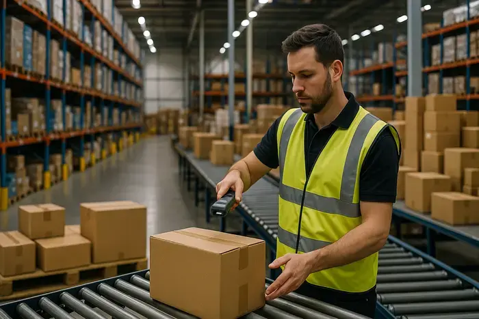 Modernes Logistikzentrum mit organisierten Lagerflächen, Mitarbeiter bei der Kommissionierung mit Barcode-Scanner, Versandpakete und Versandmaterialien in professioneller Logistikabwicklung