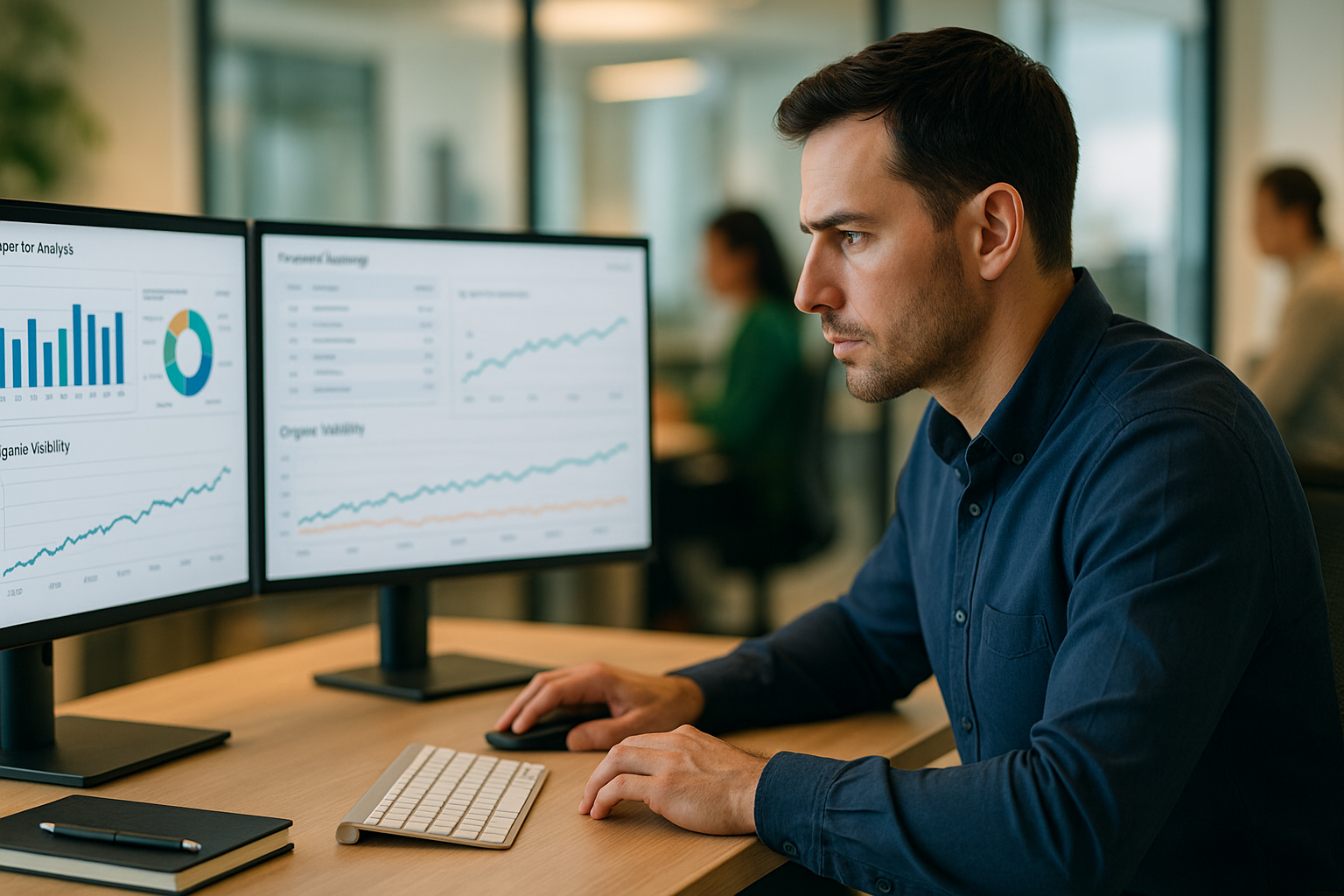 E-Commerce-Manager analysiert Konkurrenten-Rankings und SEO-Daten auf Laptops mit Ahrefs-Dashboard: Keyword-Metriken, organische Sichtbarkeit und Wettbewerbs-Vergleiche in professionellem Büro-Umfeld.