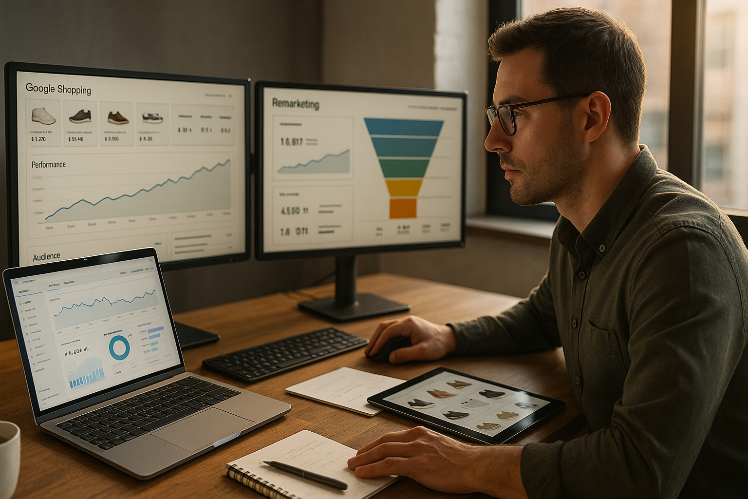 E-Commerce-Manager analysiert Remarketing-Daten auf Monitor mit Shopping-Kampagnen-Metriken und Conversion-Funnel in modernem Büro