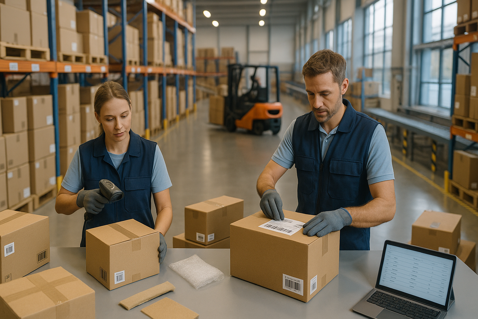 Moderne helle Logistikhalle mit Regalsystemen voller Kartons, zwei Mitarbeiter am Packplatz mit Scanner und Tablet, Gabelstapler im Hintergrund, große Fenster mit Tageslicht, professionelle Arbeitsatmosphäre, Querformat