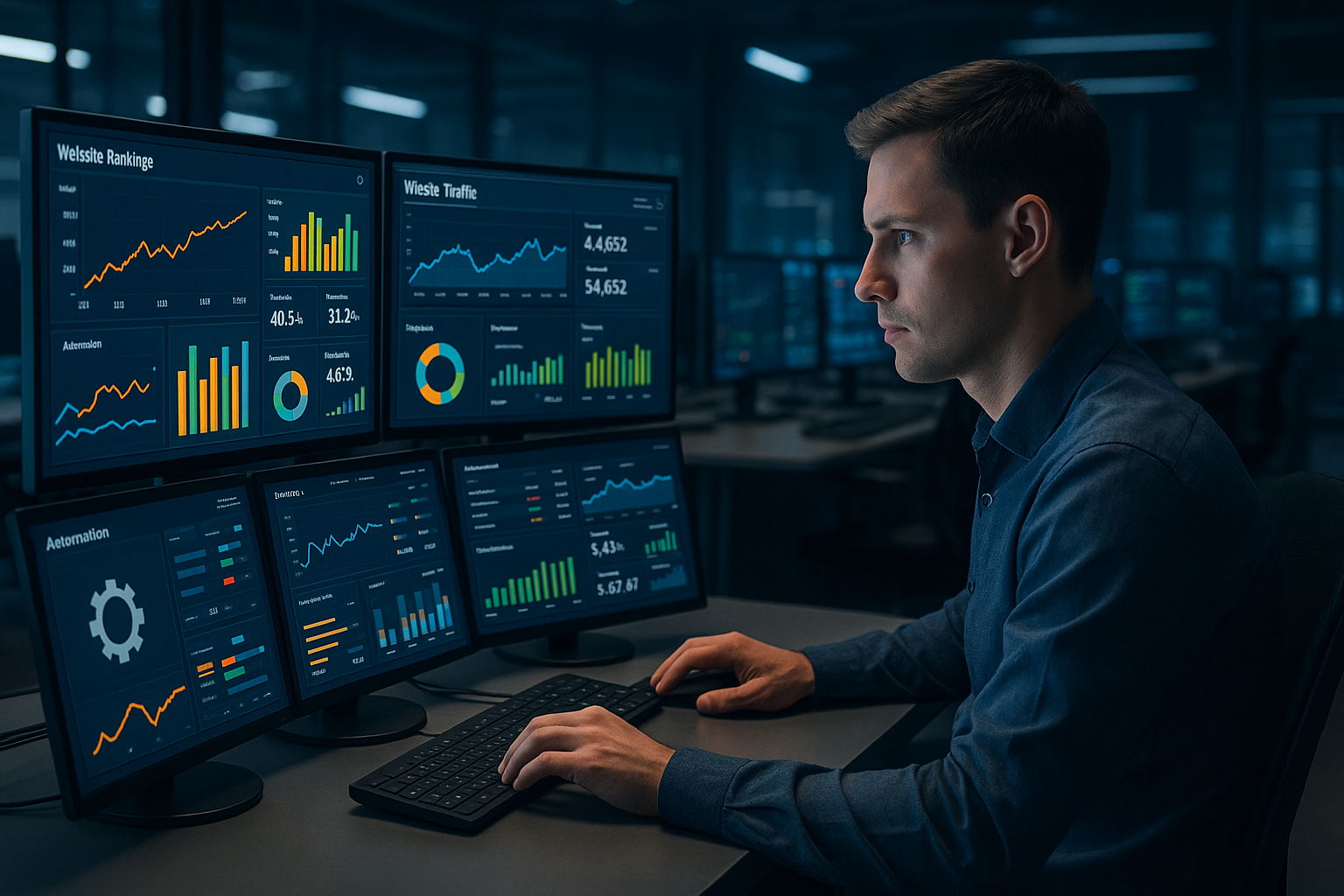 Moderne E-Commerce-SEO-Operationszentrale mit mehreren Monitoren, die Daten-Dashboards, Grafiken und SEO-Metriken anzeigen. Ein Mitarbeiter analysiert Daten konzentriert vor automatisierten Optimierungsprozessen.