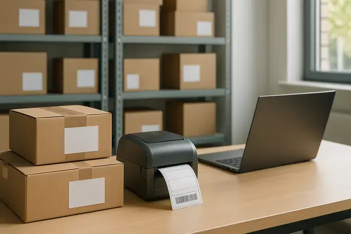 Versandarbeitsplatz mit neutralen Paketen und Etikettendrucker im E-Commerce-Lager