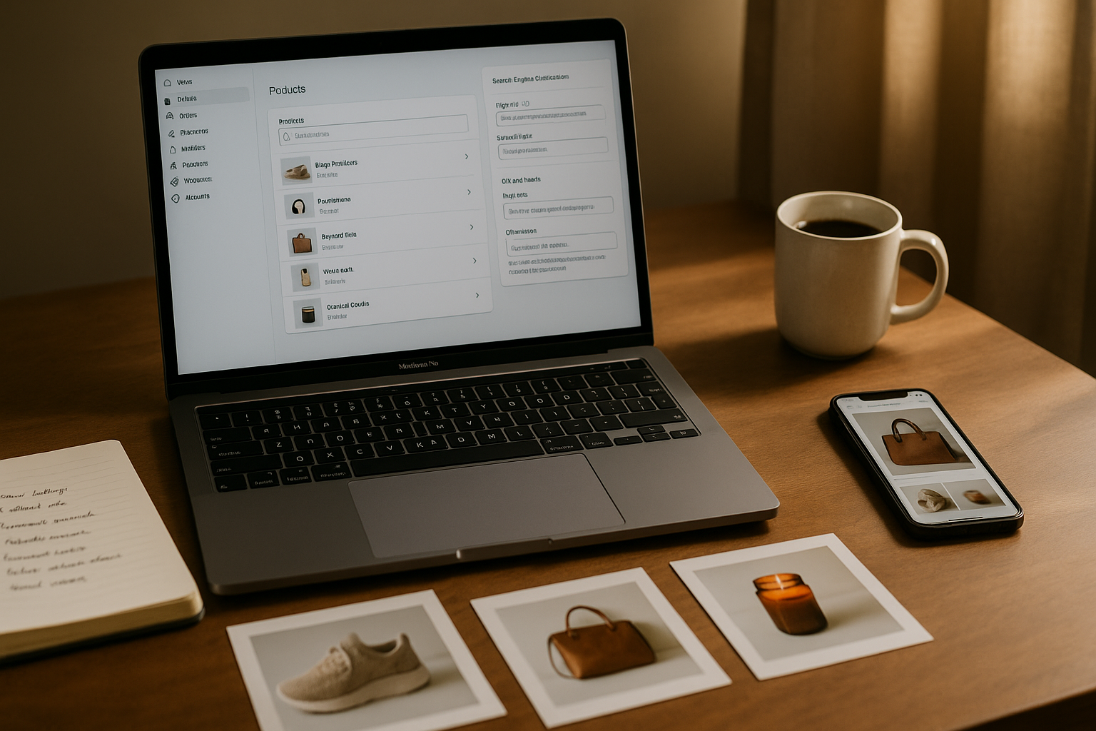 Aufgeräumtes Büro mit zwei großen Monitoren, auf denen Analytics-Dashboards, Produktlisten mit URL-Strukturen und SEO-Metriken eines E-Commerce-Systems dargestellt sind, im Vordergrund Notizblock mit handgezeichneten Diagrammen zur technischen Shop-Optimierung