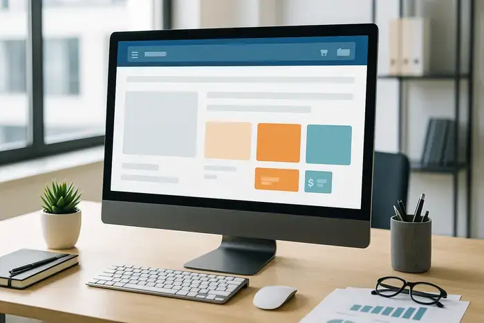 Abstrahierte Shopseite mit oben fixiertem Navigationsbereich auf einem Desktop-Monitor