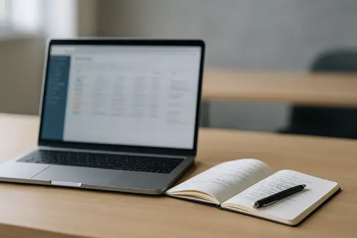 Moderner Büroarbeitsplatz mit Laptop und Notizbuch, symbolisiert zentrale Steuerung von E-Commerce-Systemen und Datenverwaltung