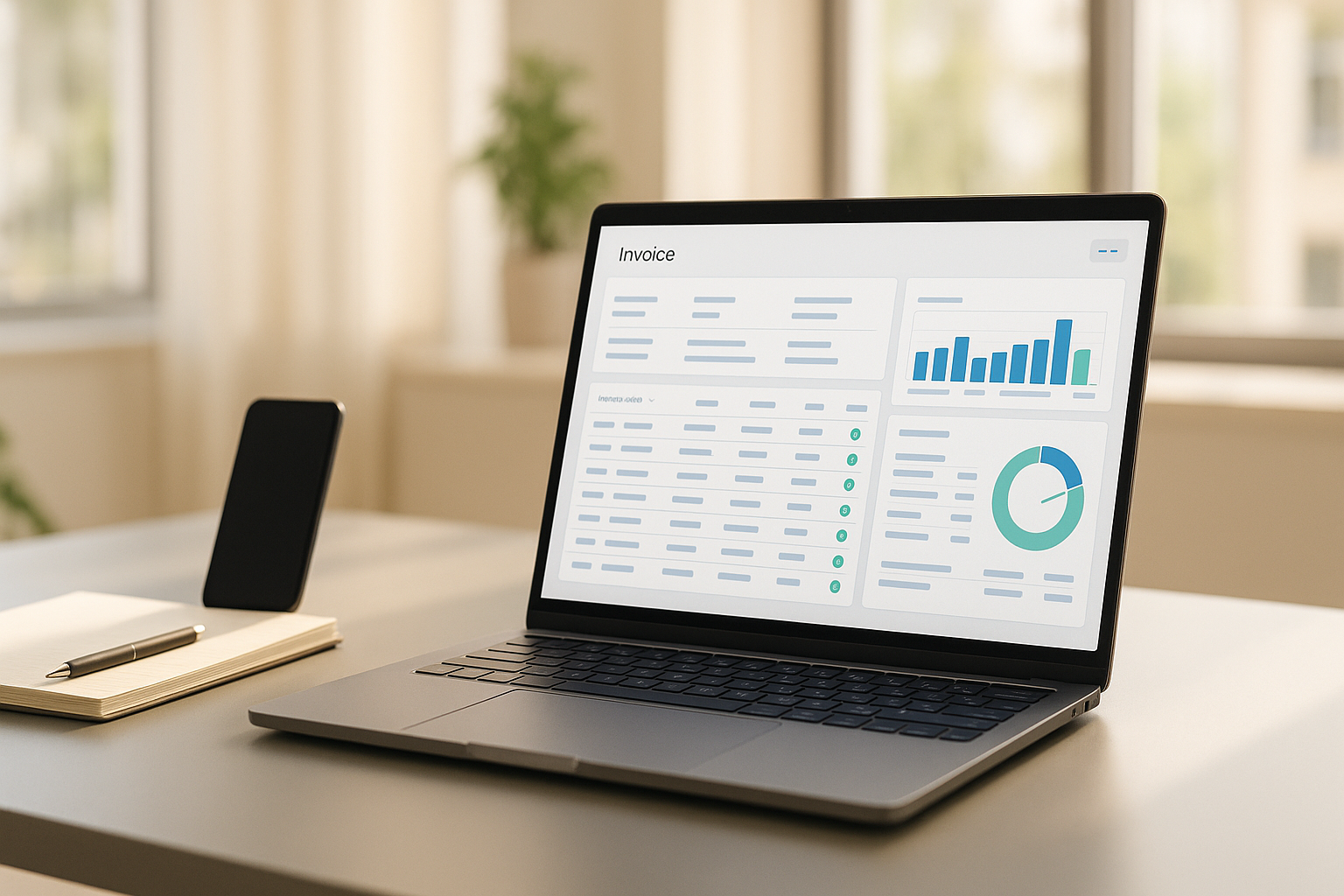 Modernes Backoffice-Setup mit digitalem Rechnungsprozess auf Laptop-Bildschirm, strukturierte Datenströme in Blau und Grün visualisiert, aufgeräumter Schreibtisch, Tablet mit Dashboard, professionelle Arbeitsumgebung, natürliches Tageslicht, realistische Büroatmosphäre ohne sichtbare Marken oder Logos