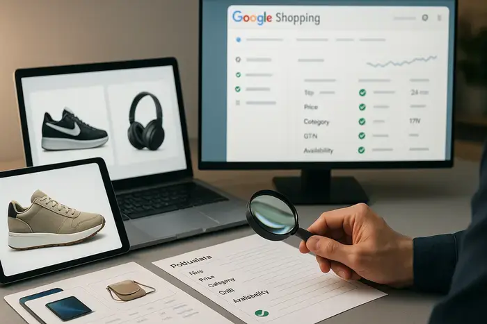 E-Commerce-Manager arbeitet konzentriert am ergonomischen Schreibtisch mit großem Monitor, auf dem Google Merchant Center Dashboard mit Produktfeeds, Datenmetriken und Performance-Grafiken angezeigt werden. Tablet und Notizen zur Optimierung liegen neben dem Monitor. Bunte Produktverpackungen im unscharfen Hintergrund symbolisieren einen großen Produktkatalog