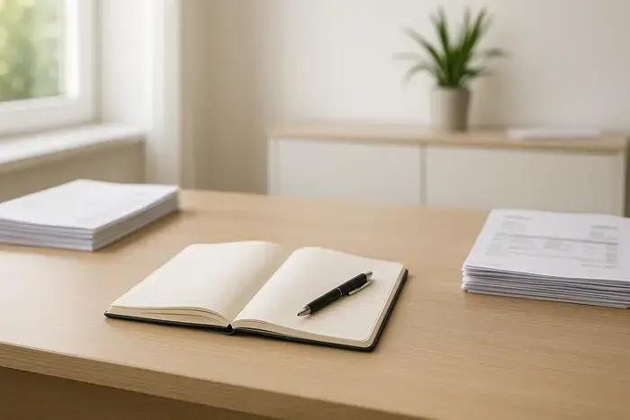 Aufgeräumter Schreibtisch mit Rechnungsdokumenten und Notizbuch