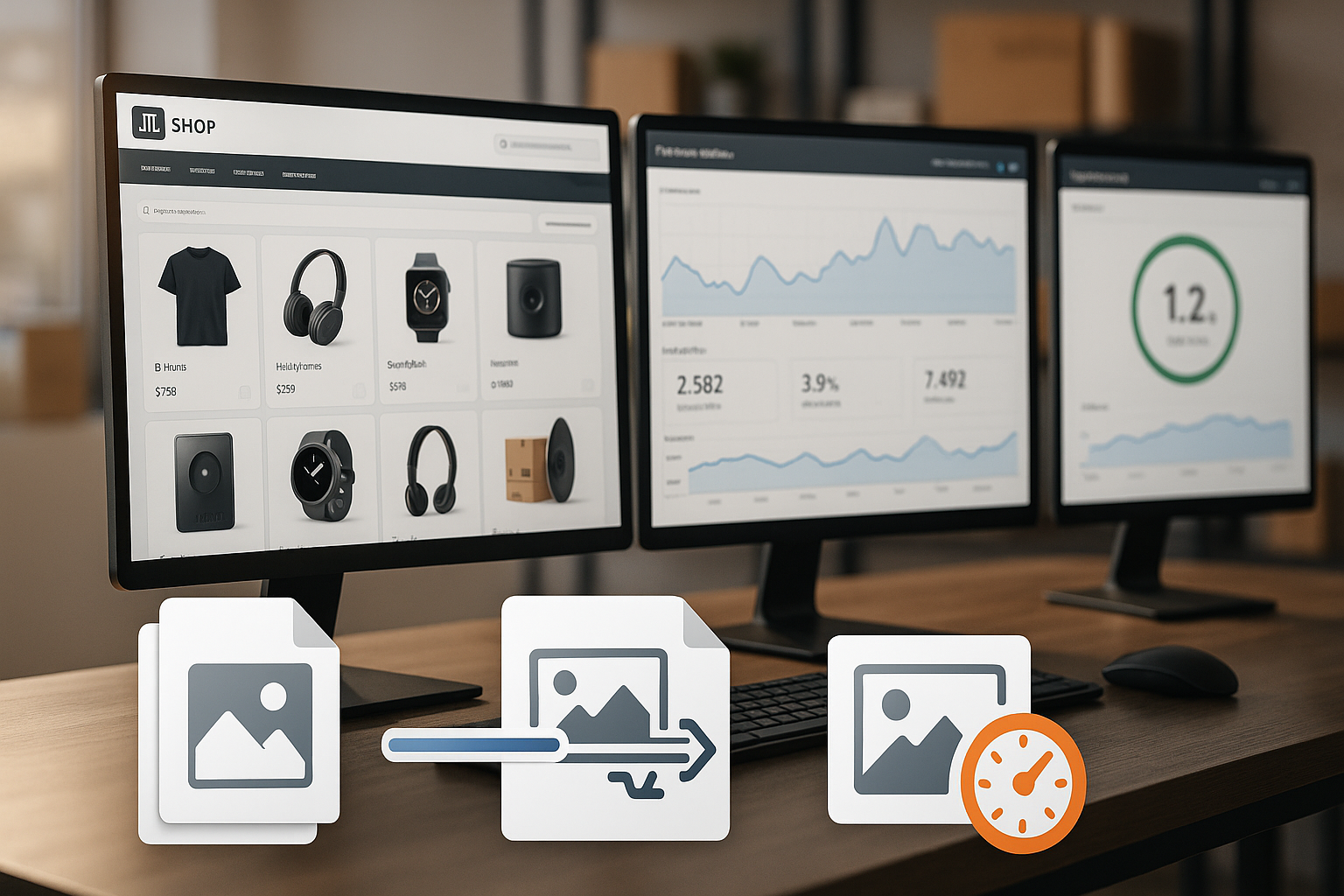 Moderner E-Commerce-Arbeitsplatz mit mehreren Monitoren, auf denen JTL-Shop-Oberflächen mit Produktbildern und Performance-Dashboards zu sehen sind, im Vordergrund symbolisch gestapelte Bilddateien und Komprimierungsvisualisierung, professionelle Beleuchtung