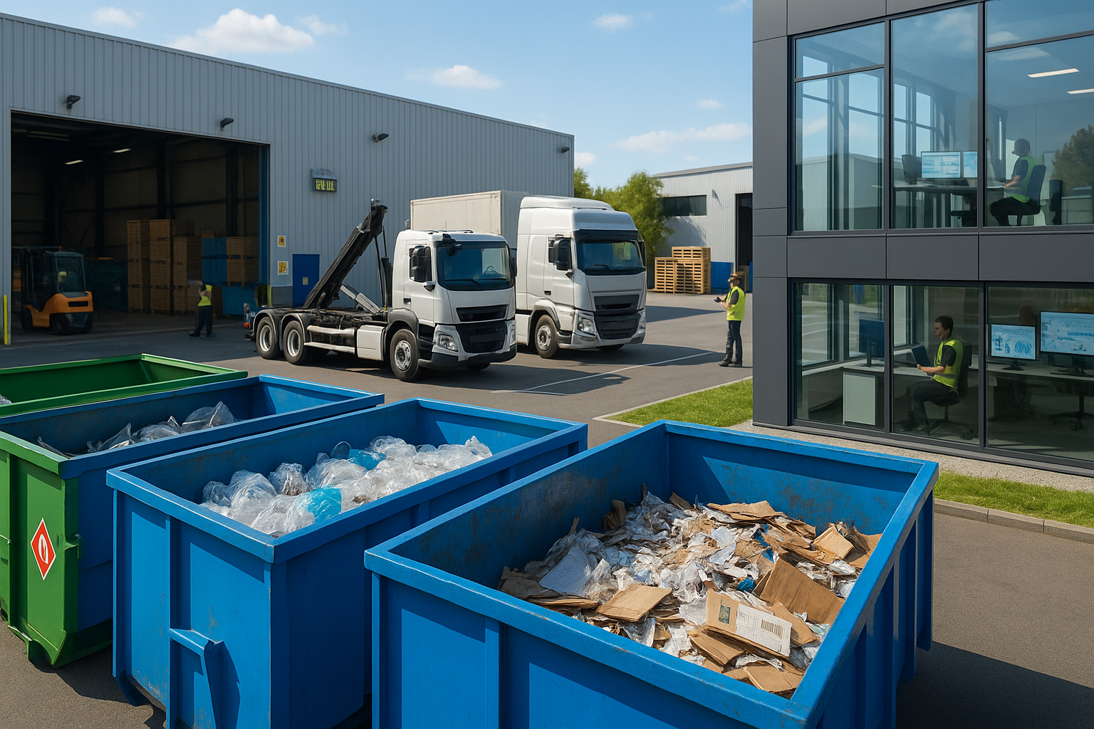 Logistikzentrum mit Lkw, Recyclingcontainern für Karton und Kunststoff sowie Mitarbeitenden auf dem Betriebsgelände