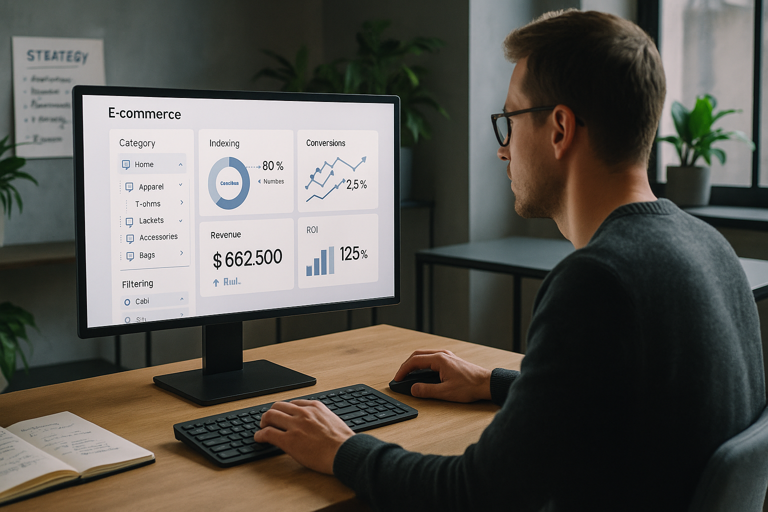 Analytics-Dashboard eines Onlineshops mit Kategoriestruktur, Indexierungslogik, Filterstruktur und Konversionsmetriken auf modernem Monitor im fokussierten Workspace