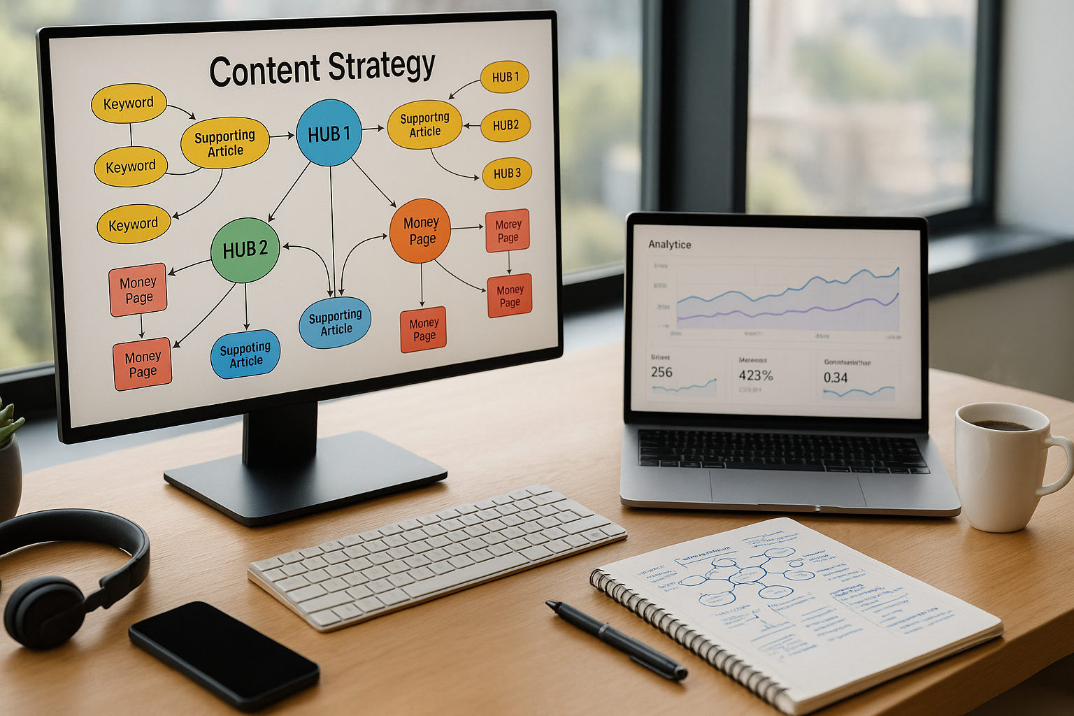 Moderner E-Commerce-Arbeitsplatz mit zwei großen Monitoren, die eine strukturierte Mindmap mit vernetzten Themenclustern und Keyword-Kategorien zeigen, daneben Laptop mit Analytics-Dashboard, Notizblock mit handgezeichneten Content-Hierarchien, Kaffeetasse, helles Tageslicht durch große Fenster, professionelle Atmosphäre