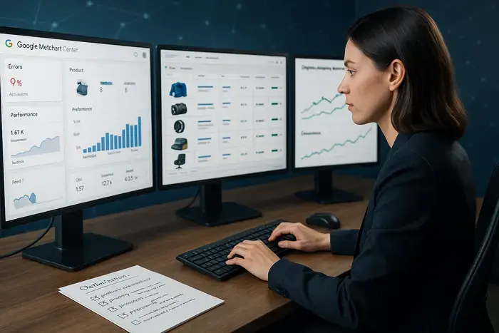 E-Commerce-Optimierung: Modernes Arbeitszimmer mit mehreren Monitoren, auf denen Produktdaten, Feed-Management, Merchant-Center-Dashboard und Datenanalysen angezeigt werden, umgeben von Notizbüchern mit Produktoptimierungen.