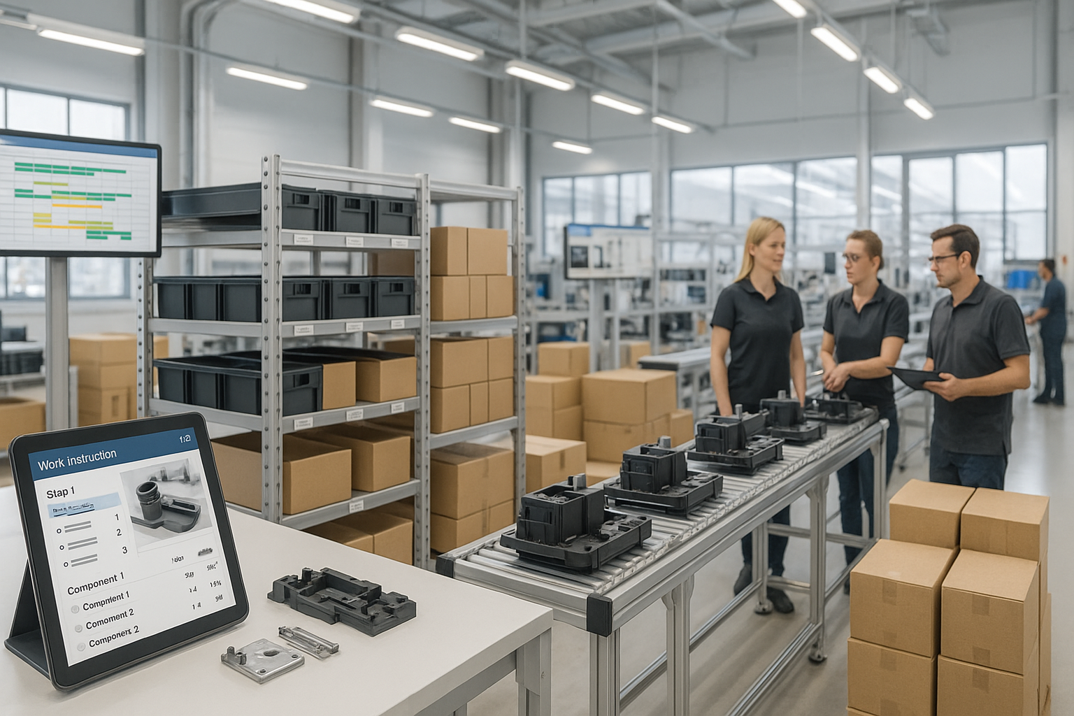 Produktionshalle mit digitaler Fertigungssteuerung auf Tablets, strukturierte Arbeitsgänge und Materialfluss in moderner E-Commerce-Fertigung